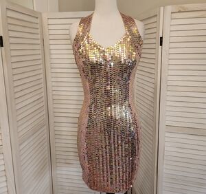 Robert Anthony Backless Gold Sequin Dress Size 8